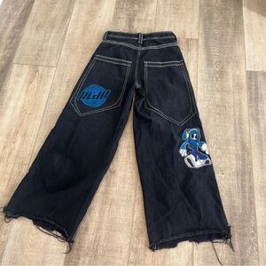 A.LAB MEGA RAVE Black Jeans 28x28 Wide Baggy Retro 90s Raw Hem Embroidery